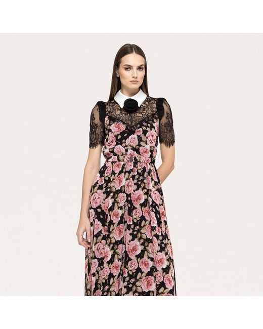 Nissa Red Lace-Detail Chiffon Midi Dress