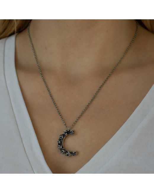 Unaloe Metallic Sterling Crescent Moon Necklace – Rose Bud Half Moon Pendant, Handmade Italian Celestial Jewelry For