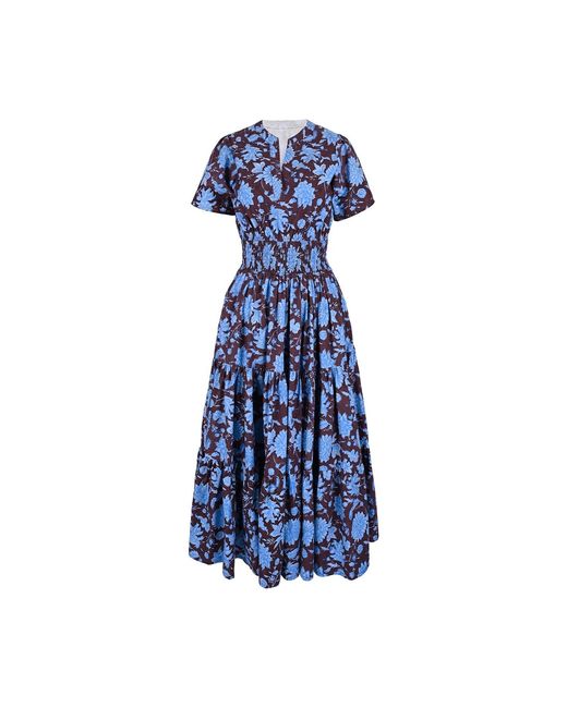 Echo of Pink Blue Evelyn Hand Block Print Maxi Cotton Tiered Dress