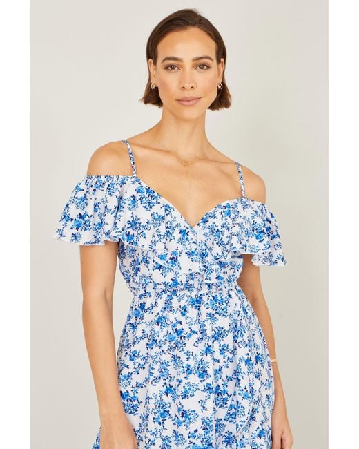 Yumi' Blue Floral Print Bardot Midi Dress With Dip Hem
