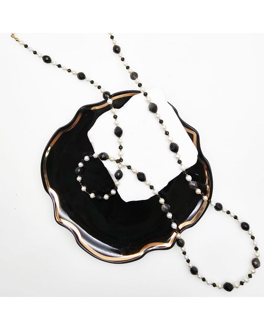 Farra Black Romantic Style Oval Obsidian With Freshwater Pearl Long Necklace