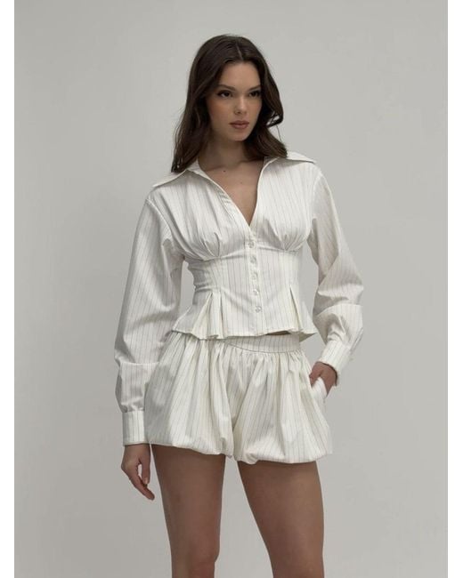 Miss Circle New York White Sylvia Pinstripe Deep V Pleated Shirt