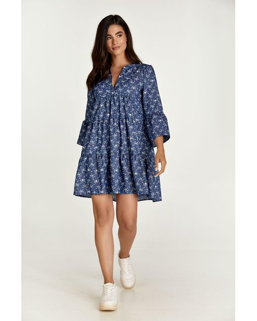 Conquista Blue Floral A Line Dress With Bell Sleeves