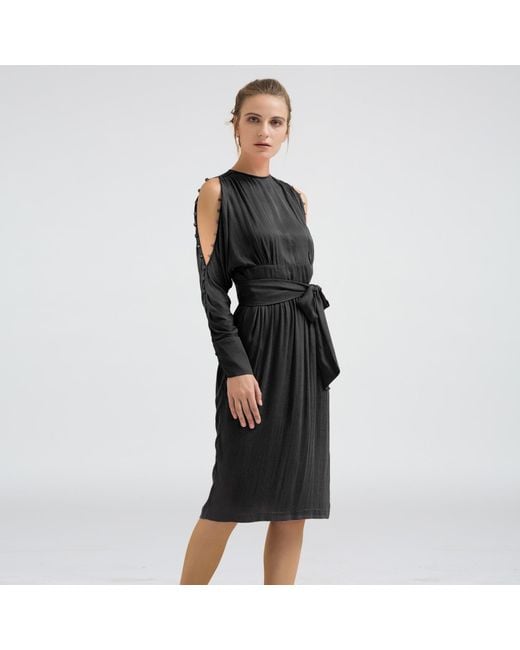 Smart and Joy Black Bat Sleeved Fitted Dress With Off-Shoulders