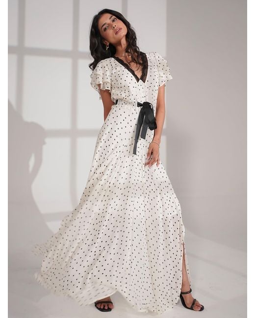 Rose & Nancy Gray Chloe Polka Dot Print Lace Detail Tie Waist Maxi Dress