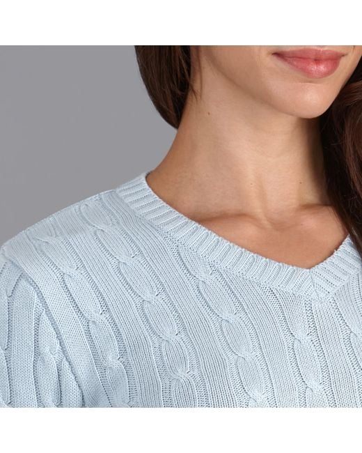 Paul James Knitwear Blue Cotton Talulah Cable V Neck Jumper