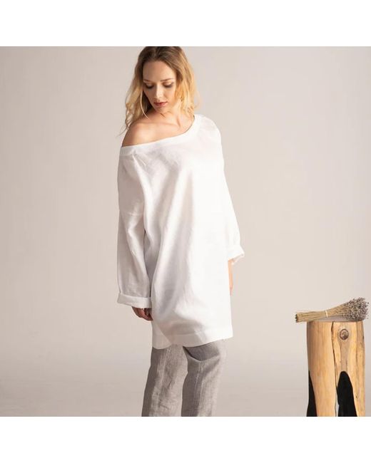 Nikka Place White Linen Summer Tunic With Off Shoulder And Long Sleeves