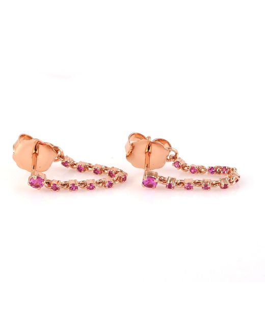 Artisan 14k Rose Gold With Pink Sapphire Gemstone In Designer Chain Ear Thread Earrings