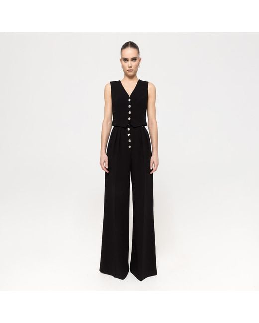 Nissa Black Embellished-Button Wide-Leg Pants