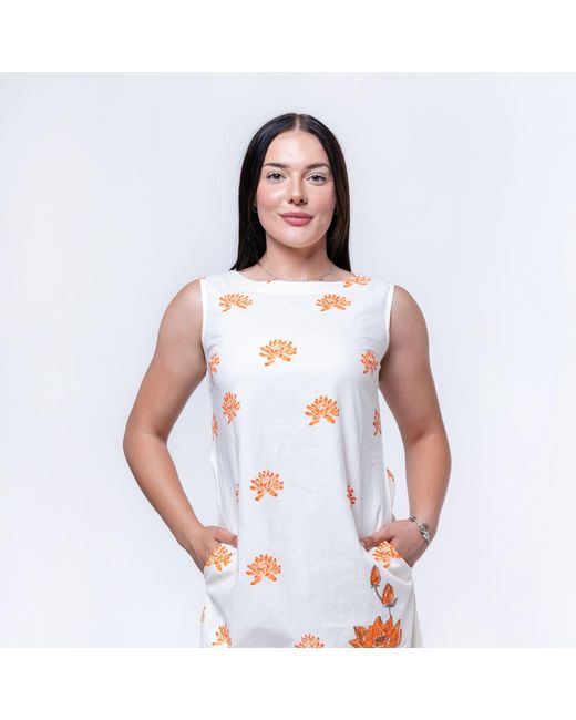 House of Gl Pink Neutrals Solene Hand-Block Printed Cotton Boat Neck A-Line Midi Dress
