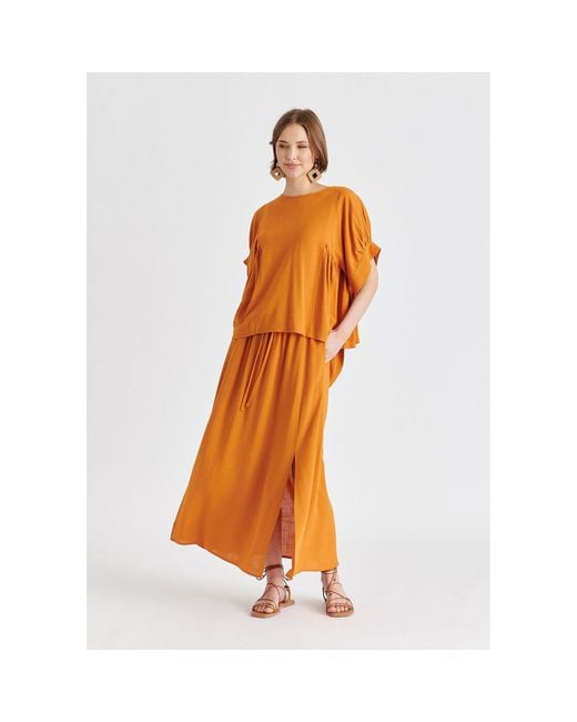 Paisie Orange Side Splits Midi Skirt With Drawstring