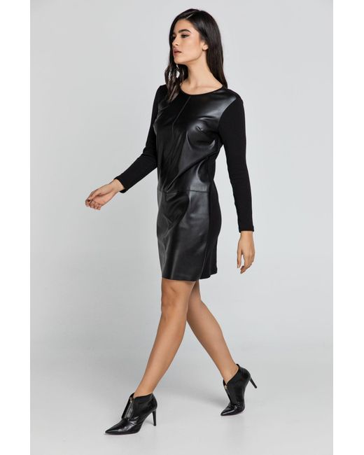Conquista Black Dress With Faux Leather Front By Fashion