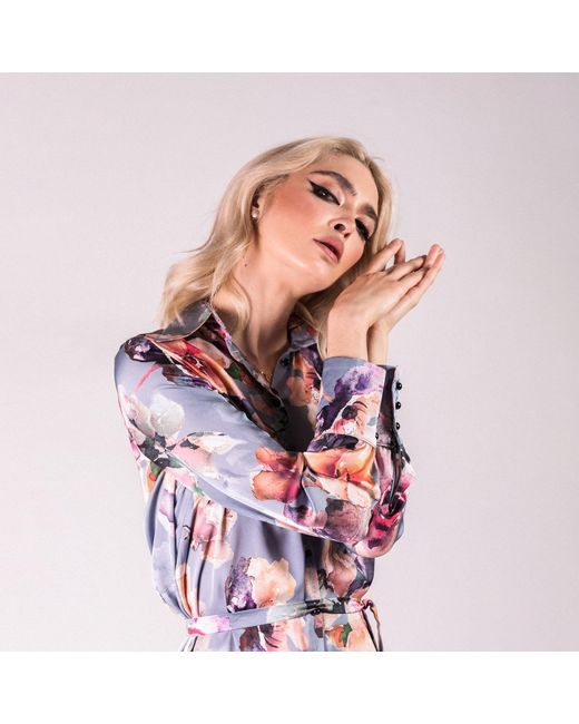 AVENUE No.29 Blue Floral Print Satin Shirt Dress