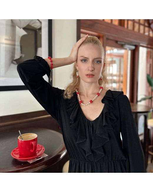 Farra Red Coral Flower Ball And Freshwater Pearls Statement Necklace
