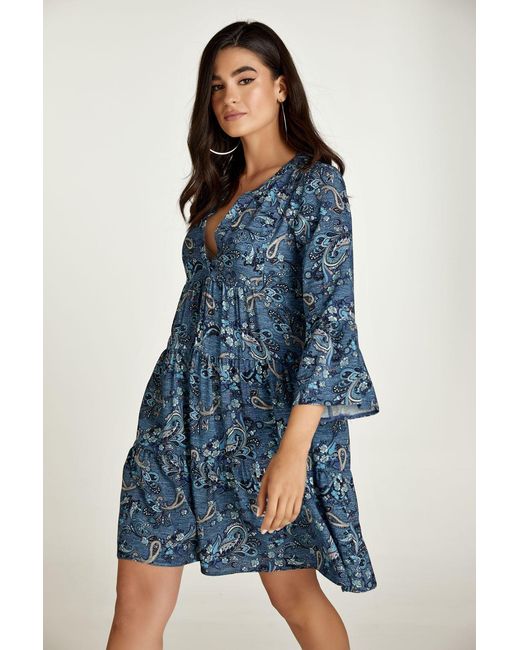 Conquista Blue Paisley Print A Line Dress