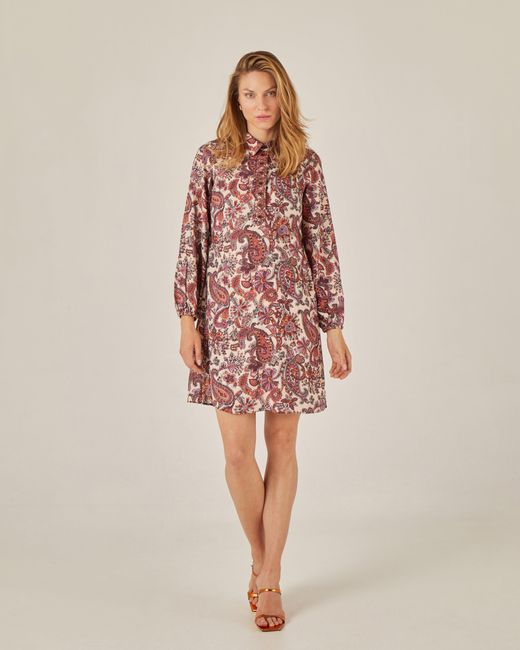 Niza Multicolor Neutrals Short Dress With Lapel Collar And Embroidery