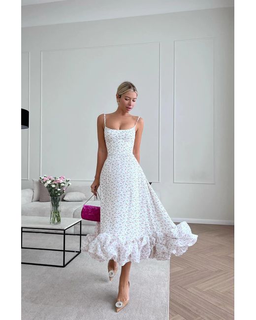 POST MERIDIEM White Floral Flounce Bustier Midi Dress