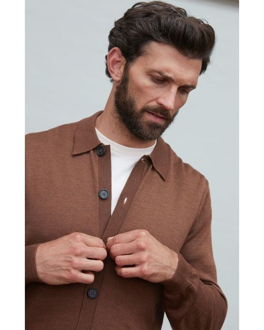 Paul James Knitwear Brown Extra Fine Merino Wool Cassiuss Polo Cardigan for men