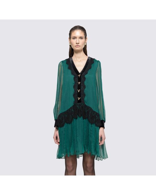 Nissa Green Lace Insert Silk Midi Dress