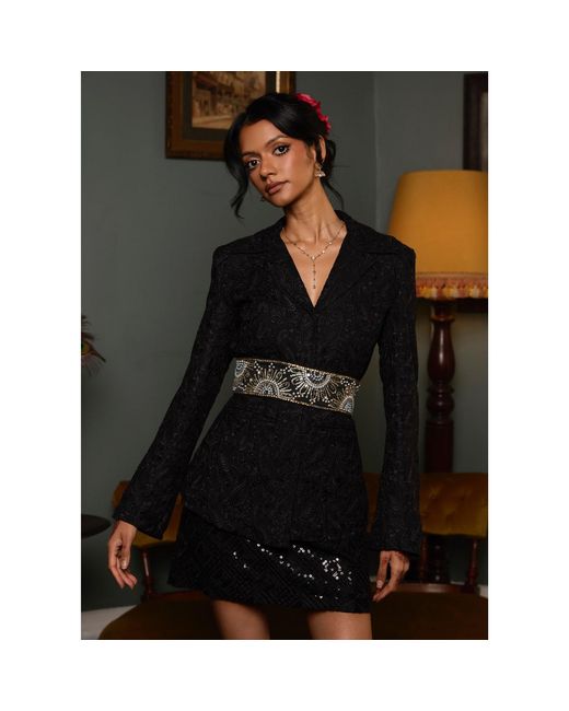 International Appeal Black Paisley Blazer With Embellished Waisted Belt