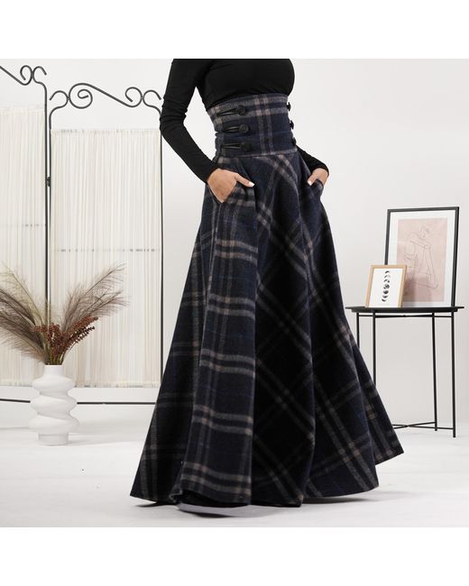 Nikka Place Blue Wool Tartan Floor Length Skirt With Ultra High Waist