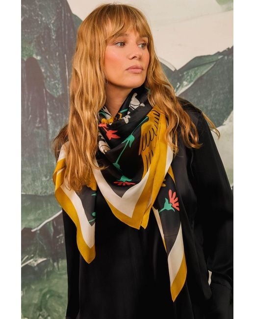 Artemis Muse Black Regal Doves & Lions & Colourful Luxury Silk Scarf