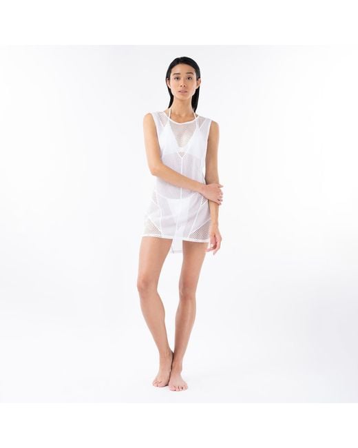 Kim Foley White High-Low Beach Cover-Up Athletic Mesh Dress