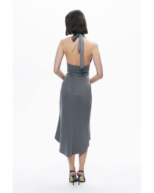 Nocturne Gray Anthracite Tie Neck Asymmetrical Midi Dress