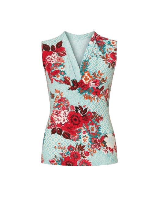 Conquista Red Chic Floral Sleeveless Top With Draped Neckline
