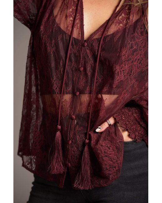 Little Lies Red Rhiannon Burgundy Lace Smock Top