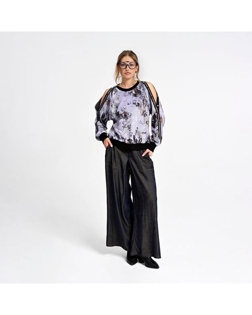 Lalipop Design Blue Floral Print Sweatshirt With Snap-Button Shoulder Detail