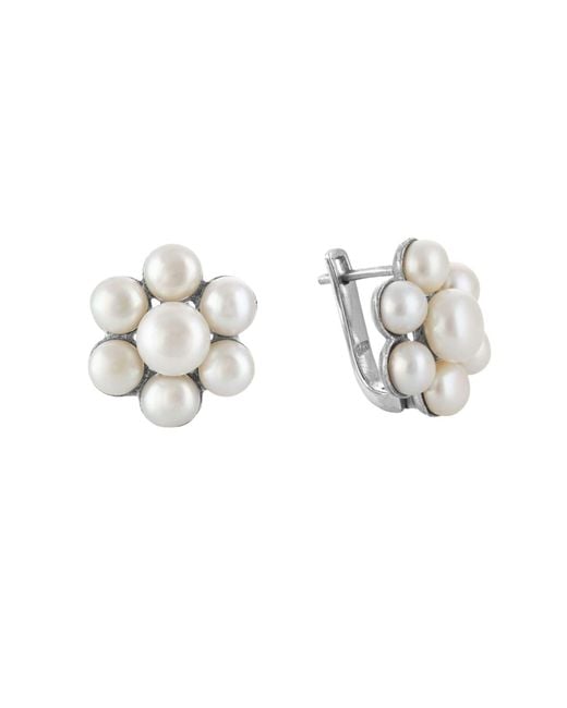 Esterah Metallic Pearl Flower Stud Earrings