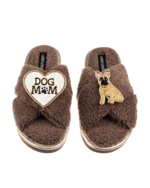 Laines London Brown Neutrals Boucle Slippers With Dog Mum/Mom & Fawn Sitting French Bulldog Brooches