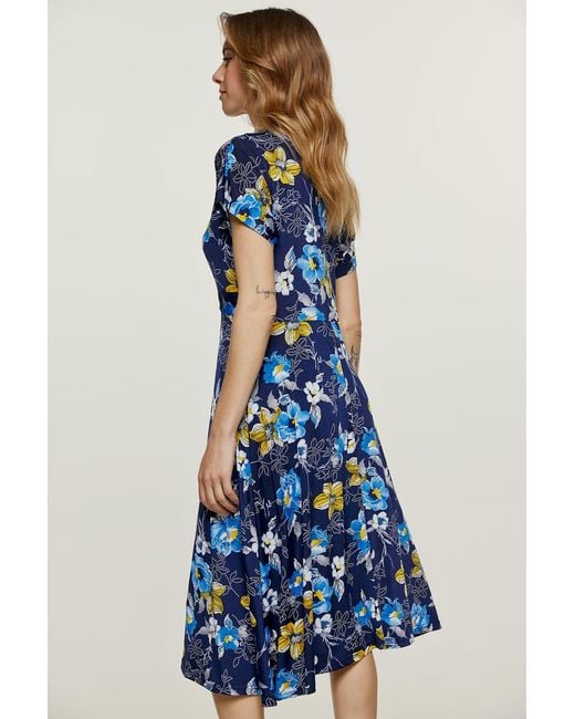 Conquista Blue Print Knot Detail Midi Dress