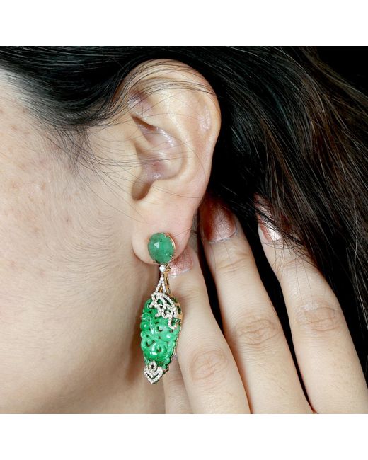 Artisan Green Jade Carving Diamond Dangle Earrings 18k Yellow Gold Handmade Jewelry