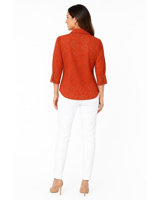 Carloslines Orange Embroidered Cotton V-Neck Short Sleeve Shirt Blouse