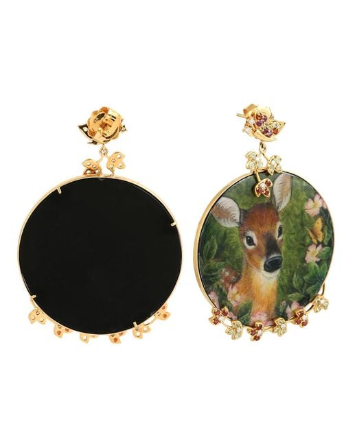 Artisan Green Bakelite Deer Earrings With Amethyst, Garnet & Diamond