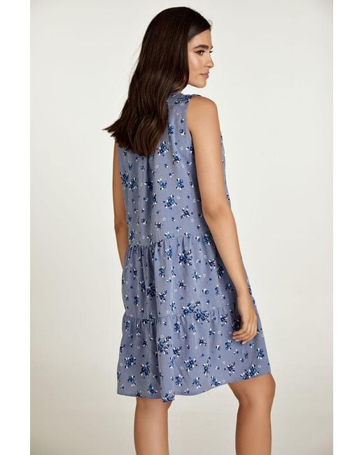 Conquista Blue Sleeveless Floral A Line Dress