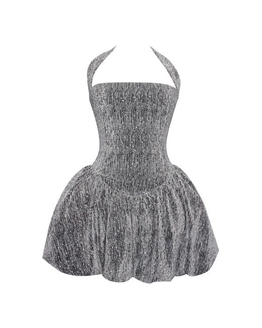 Miss Circle New York Gray Naomie Crystal Embellished Bubble Hem Halter Mini Dress
