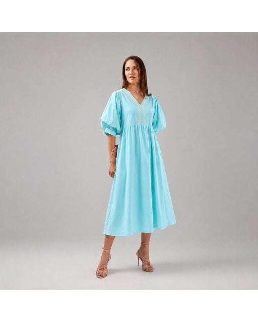 IZABELA MANDOIU Blue Aqua Midi Dress With Puff Sleeves And Decorative Trim