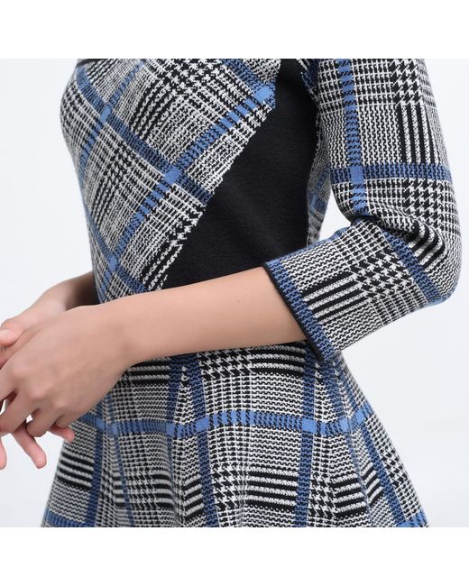 Smart and Joy Blue Fit-And-Flare Tartan Knit Dress