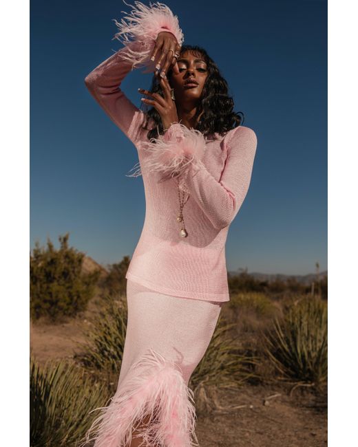 Andreeva Pink Knit Top With Detachable Feather Cuffs