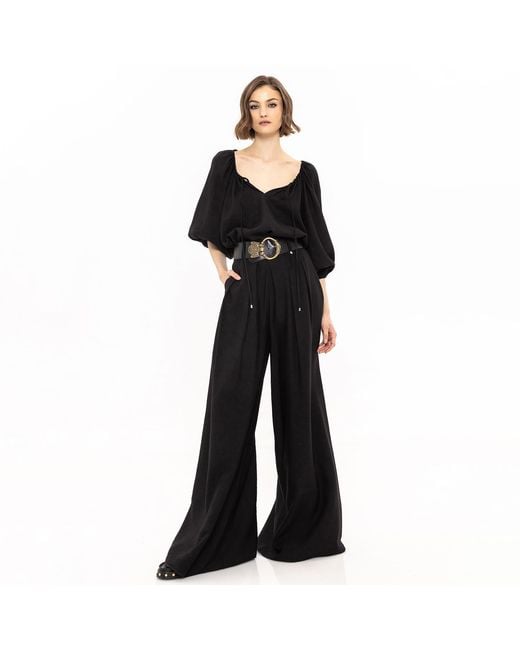 Nissa Black Puff-Sleeve Viscose Top