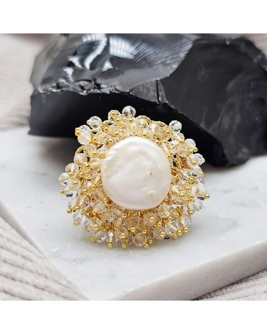 Farra Metallic Romantic Style Floral Freshwater Pearl With Crystal Cocktail Ring