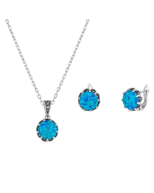 Spero London Blue High Quality Round Opal Sterling Earring & Necklace Set