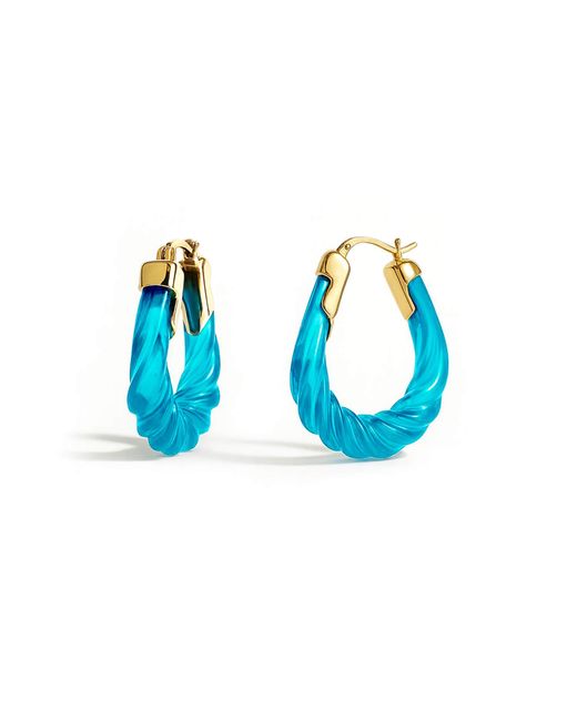 Gold & Honey Blue Aquamarine Rope Twist Oval Lucite Birthstone Hoop Earrings