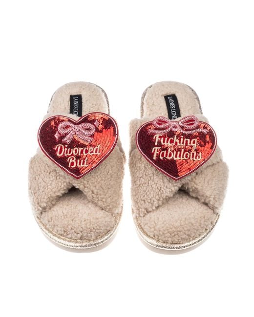 Laines London Pink Neutrals Laines Neutral Boucle Slippers With Divorced But Fucking Fabulous Brooches
