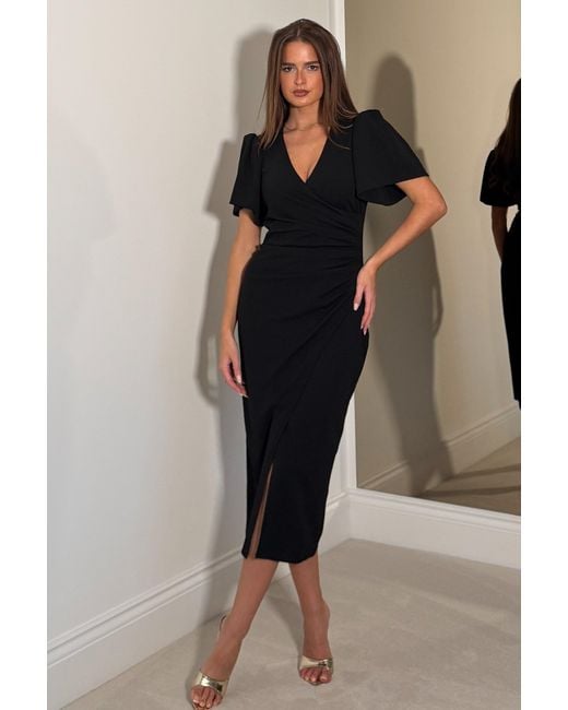 Girl In Mind Black Freya Puff Sleeve Wrap Neck Ruched Midi