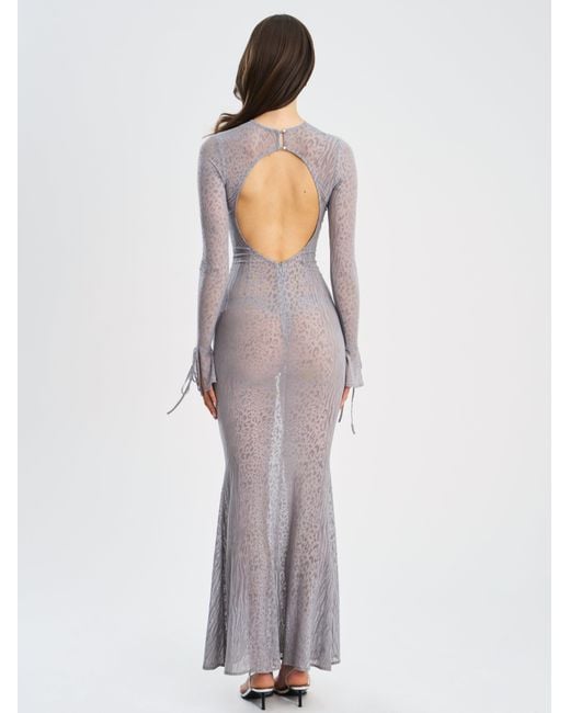 Miss Circle New York Gray Waylynn Animal Print Burnout Velvet Detail Mesh Backless Maxi Dress