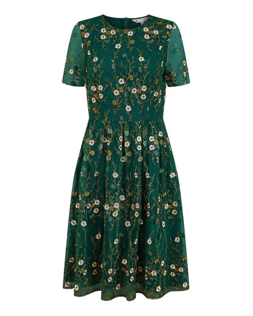 Yumi' Green Embroidered Floral Skater Dress